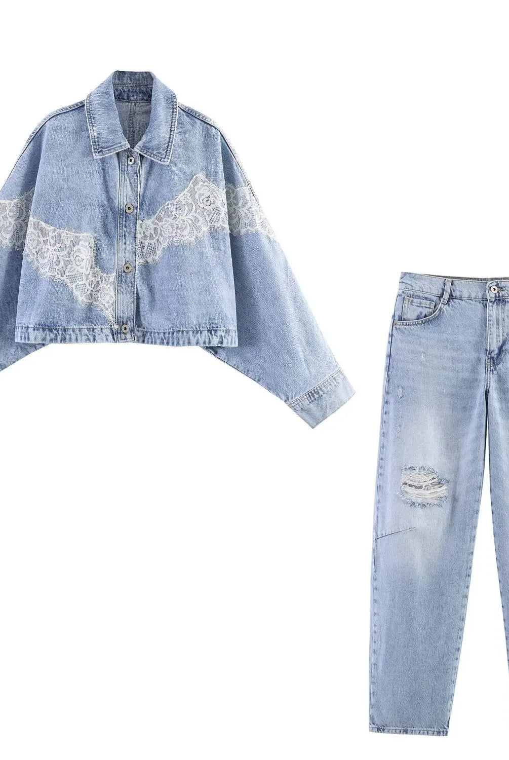 HH Spring Women Chic Lapel Single-breasted lace long sleeve short denim jacket and distressed, light-wash ripped jeans