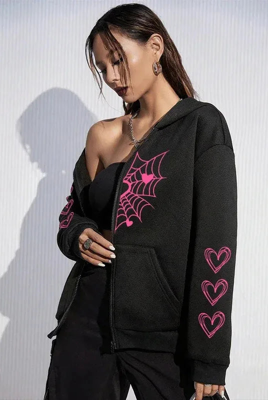 2025 Hot Sale Women's Hoodie with pink spider web and heart print, black zip-up sweatshirt, all-season casual urban fashion