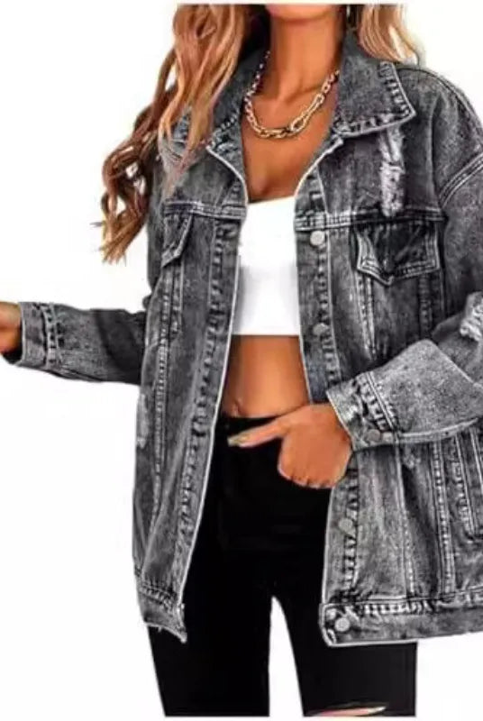 Premium Women's Denim Jacket with Harajuku style hole design, casual loose fit, suitable for fall and winter outerwear.