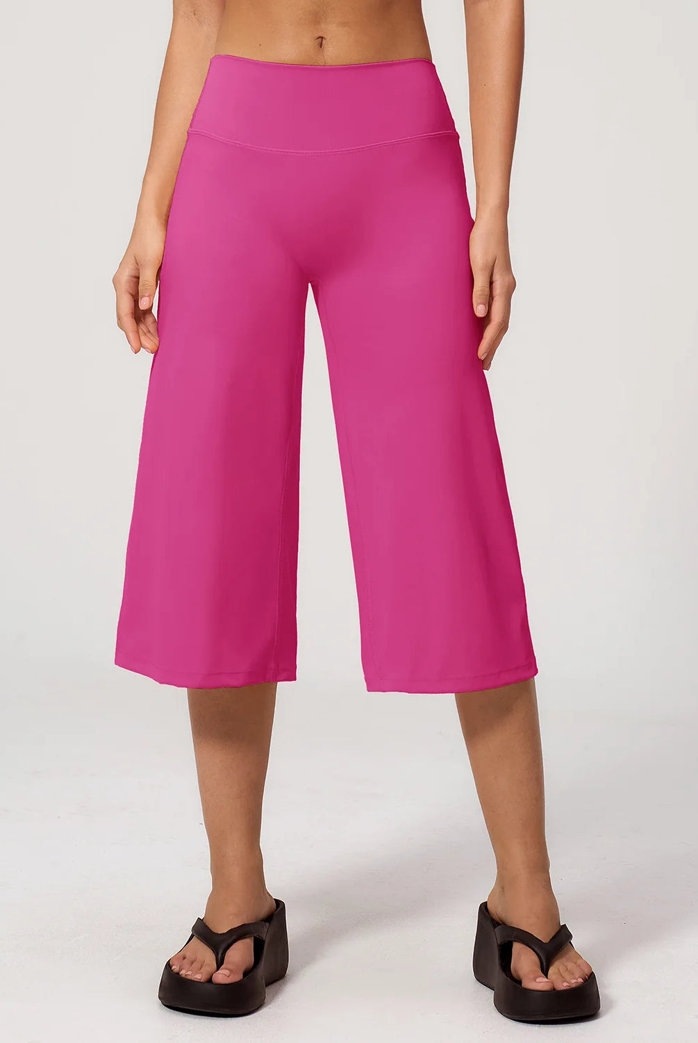 Summer Capri Pants for Women Wide Leg Yoga Cropped Pants Tummy Control High Waist in Flare Crop, buttery soft loose casual, pink, worn with black platform sandals.