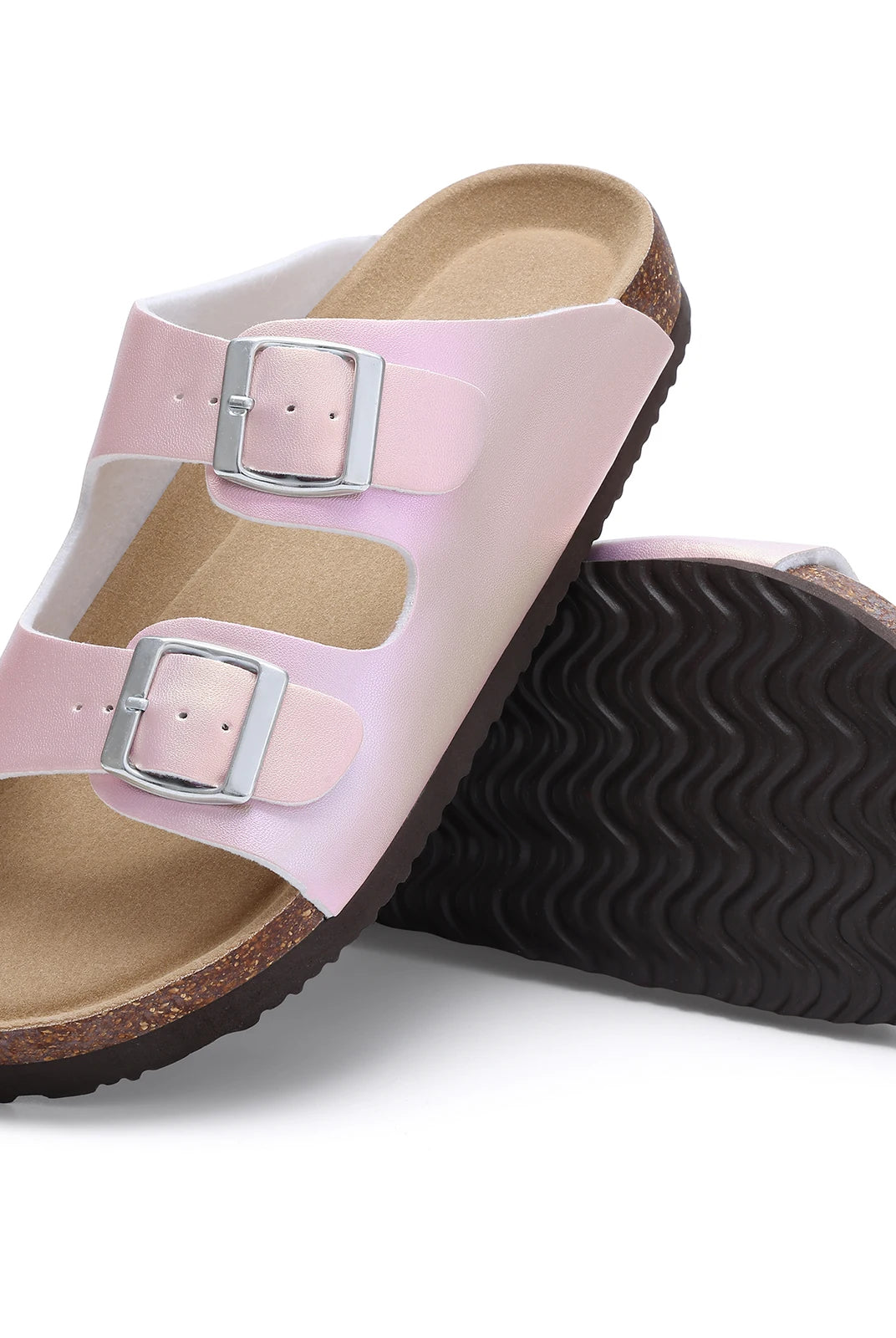 Comwarm new women's gradient slippers with pink straps, double buckles, cork footbed, and black textured sole for summer