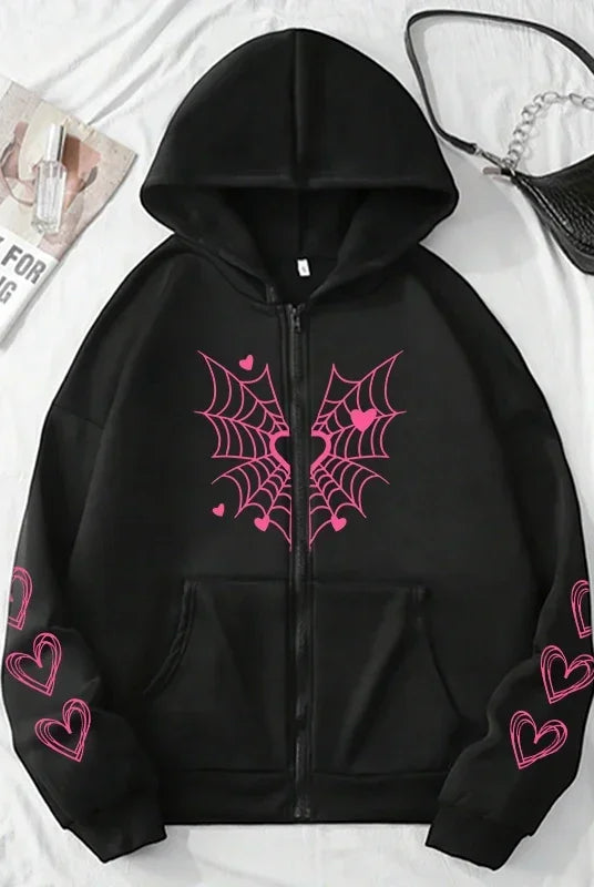 2025 Hot Sale Women's Hoodie Cute Spider Web Heart Print Zip-up Sweatshirt in black with pink web and heart designs for