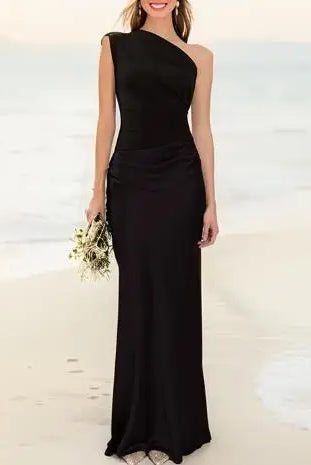 Womens Dresses 2025 Spring New Solid Color Slant Neck Sleeveless Backpack Hip Casual Ruched Elegant Evening Dress in black