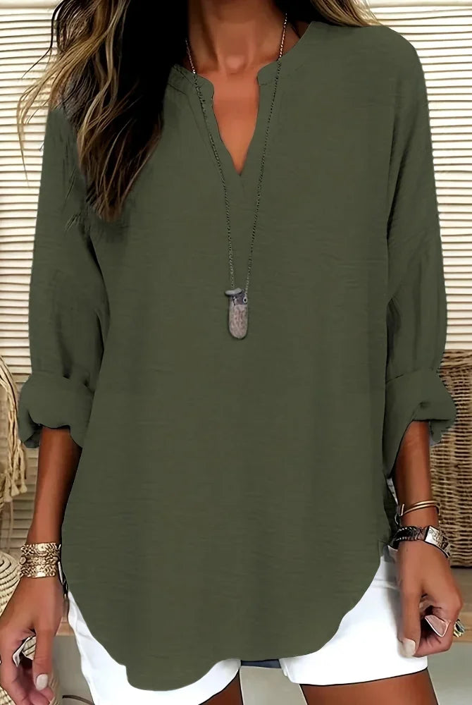 Plus Size 2025 New Casual Tops Women's Loose Long Sleeve Stand Collar T-shirts in olive green, made of polyester, with