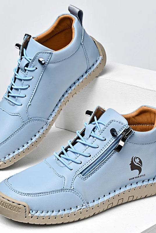 Women Casual Shoes Non-Slip Wear-Resistant Outdoor Tenis with leather upper, breathable interior, light beige sole, and side