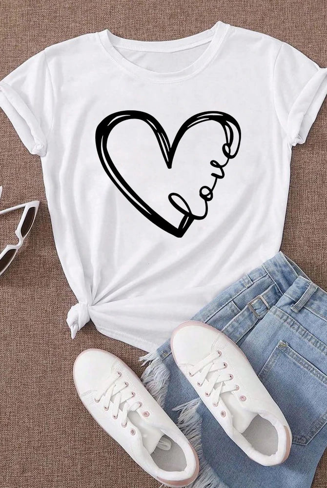 Love Heart Printed Trend Women Fashion Clothing Graphic T-shirt with black heart and love script design, short sleeves, casual style.