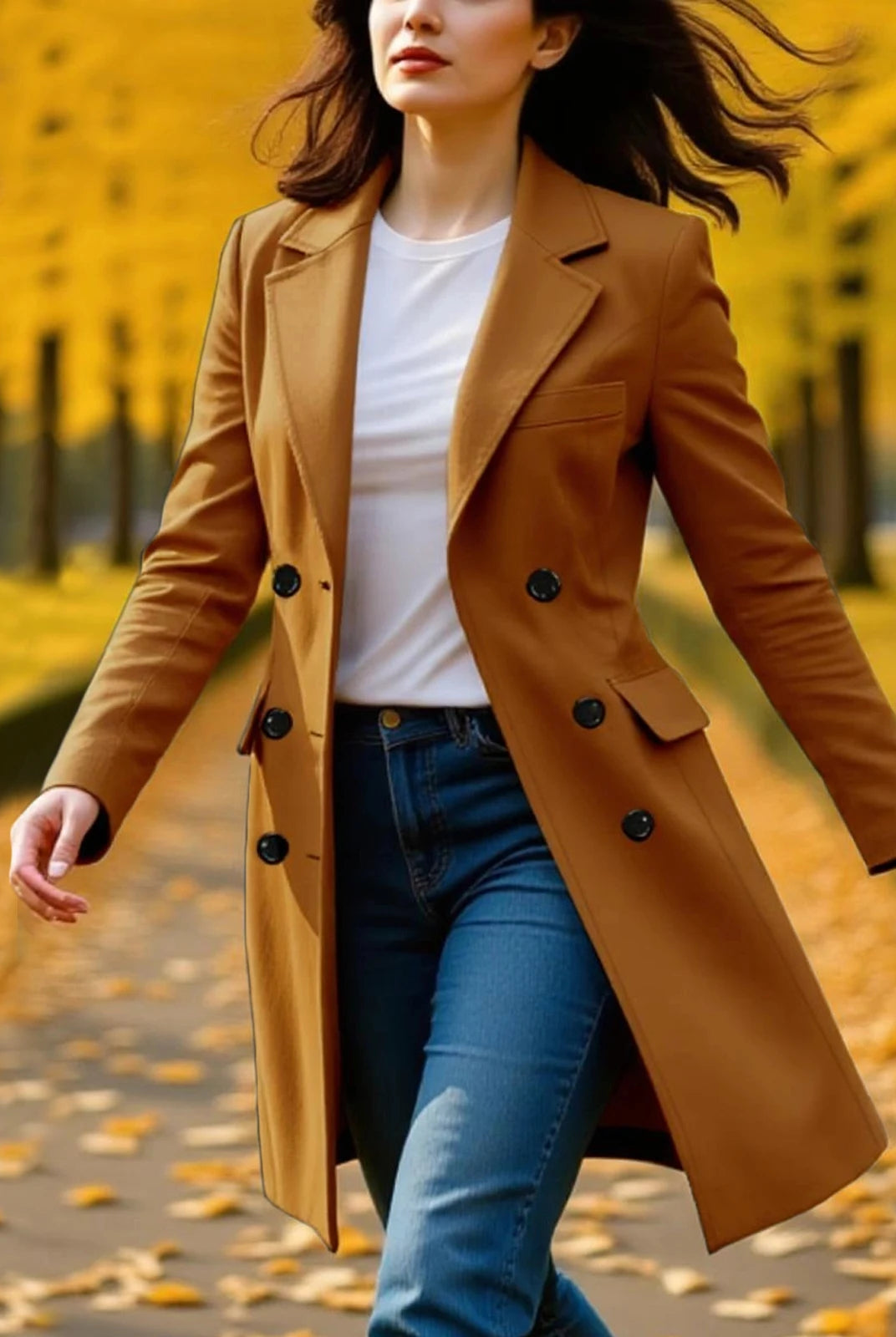 New Women's Coats Autumn Winter Long Sleeve Lapel Breasted Trench Coat in camel color, stylish A-line fall winter jacket for