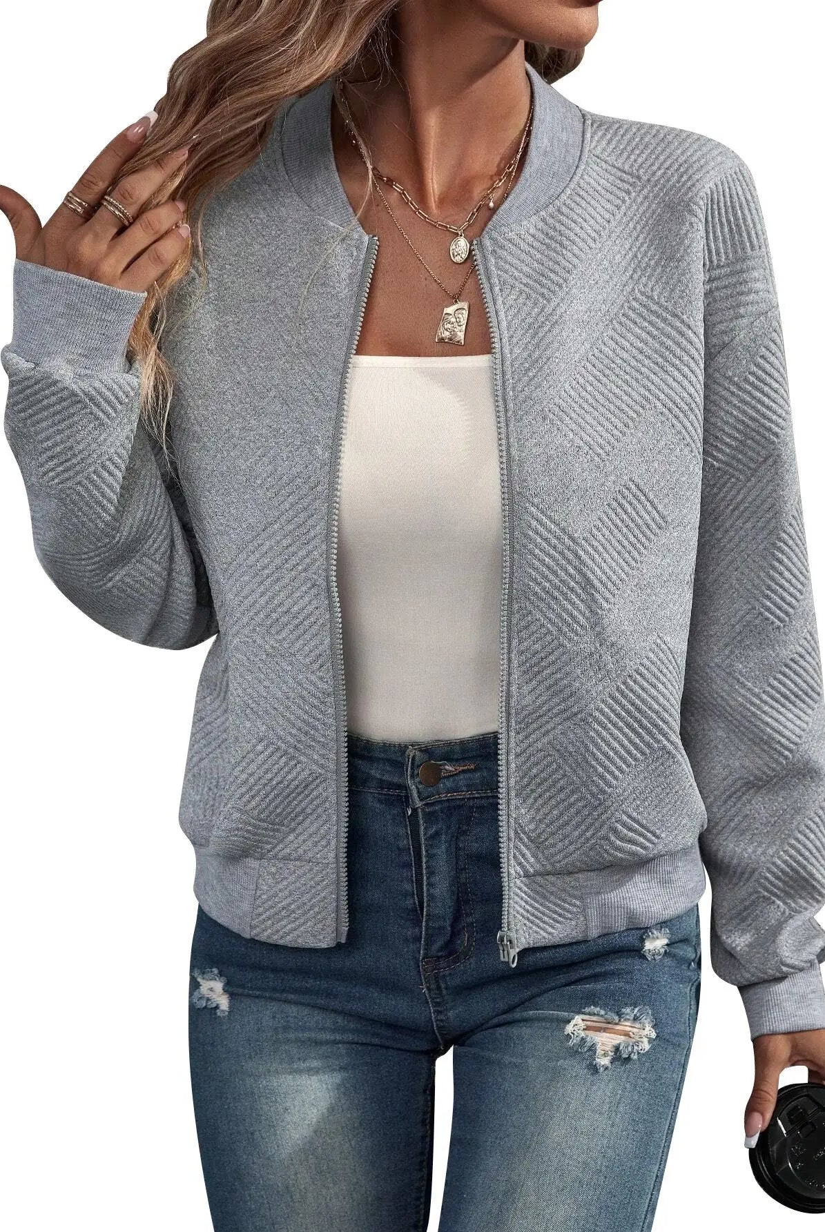 2025 Autumn and Winter new fashion women's sweaters coats plus size solid color zipper jacket casual top in gray with ribbed details and distressed jeans