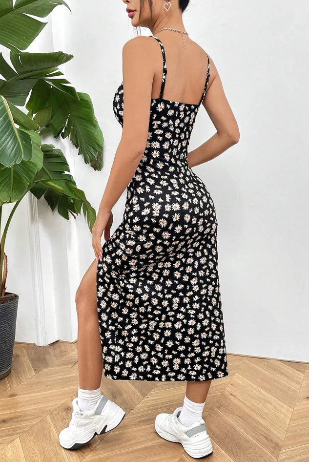 Fall 2025 Long Dress Strapless Wrap Chest High Slit Daisy Leopard Print Wrap Around Skirt Maxi Dress worn by a woman with white sneakers, standing indoors near a potted plant.
