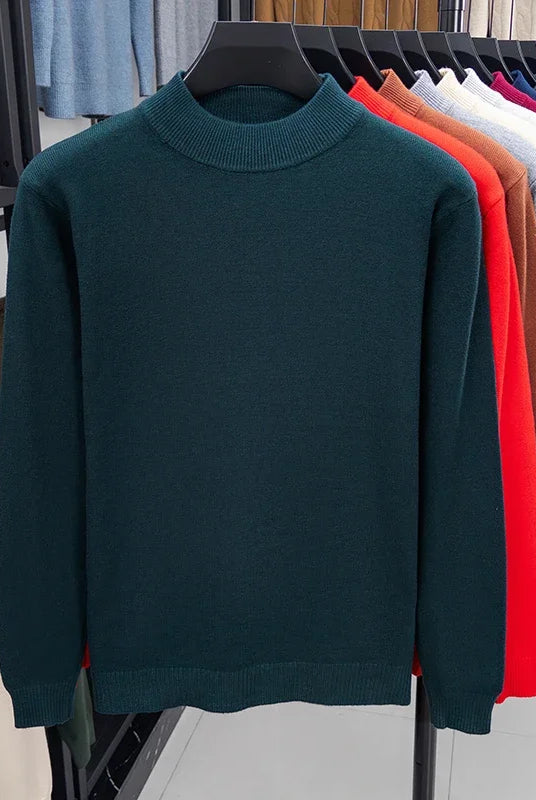 Half turtleneck knitwear sweater for men in solid dark teal, new autumn/winter mock neck pullover casual clothing.