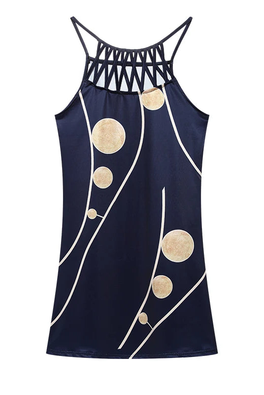 2024 Summer National Wind Positioning Printing Mesh Belt Sleeveless Casual Dress with navy blue fabric and beige circular pattern.