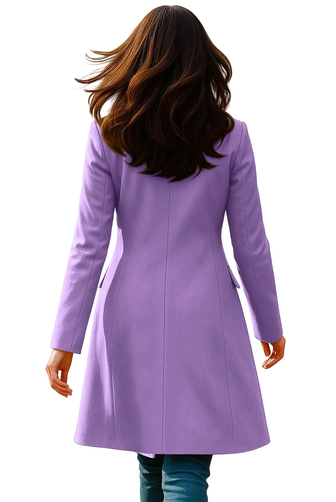 New Women's Coats Autumn Winter Long Sleeve Lapel Breasted Trench Coat in lavender, tailored A-line style with long sleeves
