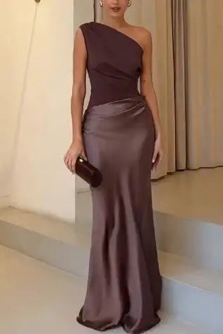 Womens Dresses 2025 Spring new solid color slant neck sleeveless evening dress in dark gray satin with ruched waist, casual