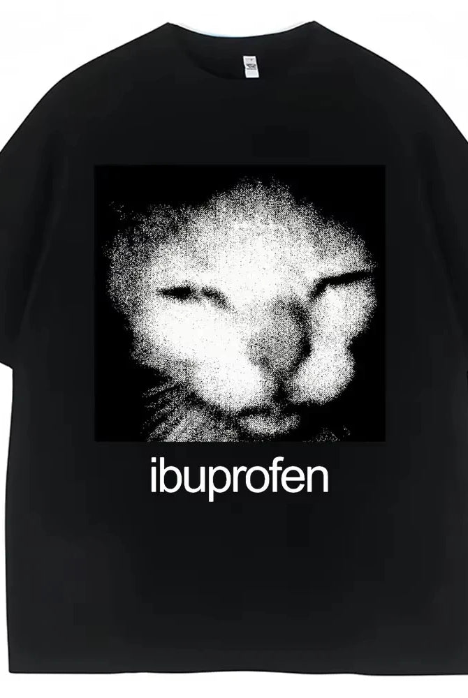Black oversized cotton T-shirt featuring a pixelated cat face graphic with ibuprofen text, casual streetwear for men and