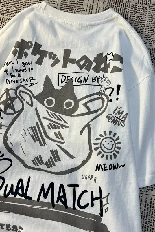 Plus Size summer casual T-shirt with cartoon black and white cat graphic, loose fit, round neckline, featuring Japanese text