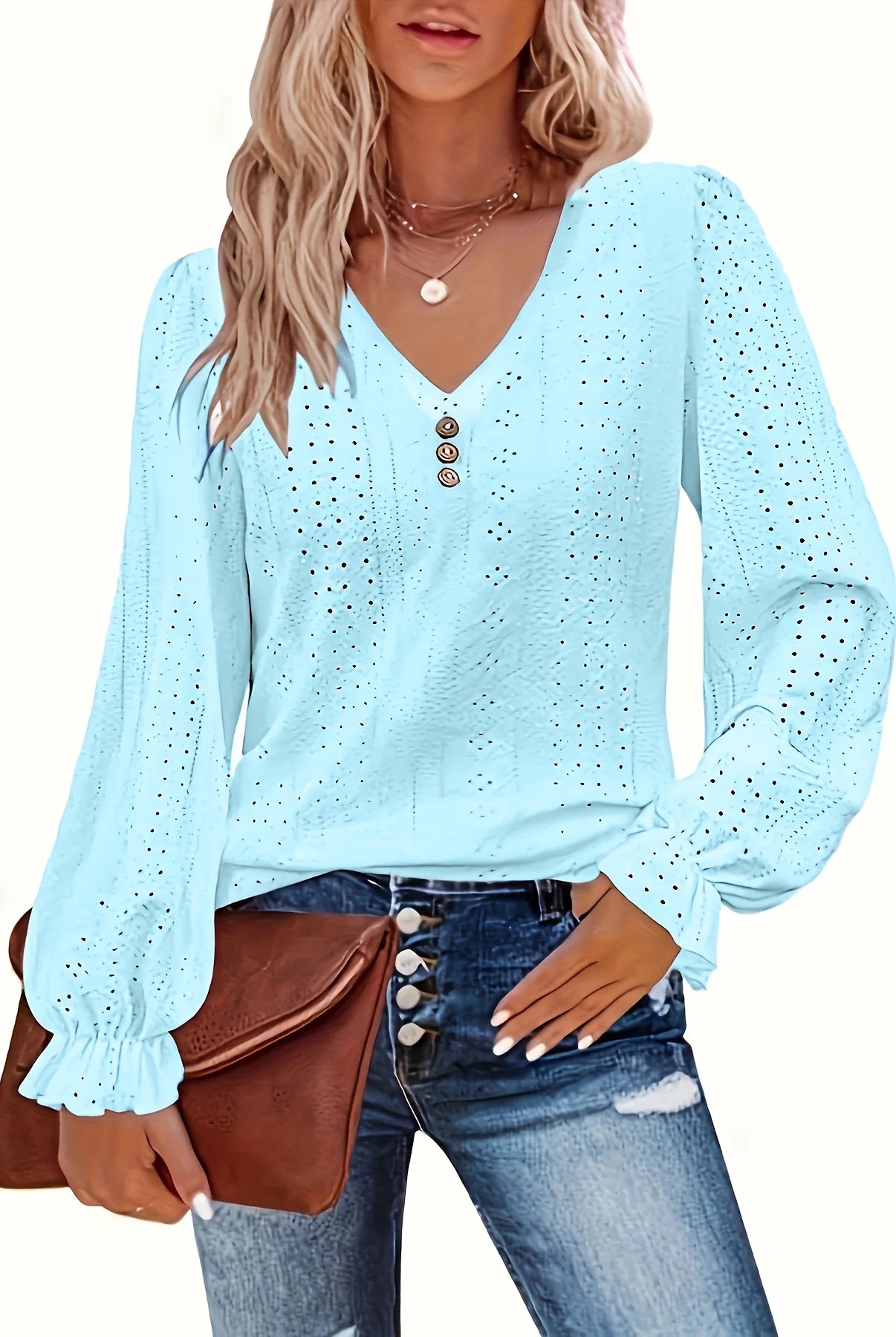 Plus Size Eyelet Button Decor T-Shirt for women featuring a light blue V-neck long sleeve top with eyelet details, casual