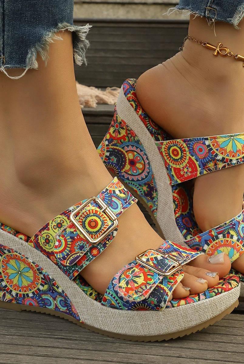 Vintage Rivet Decor Wedge Sandals for Women 2026 Summer high heels platform sandals with colorful geometric patterns, ankle