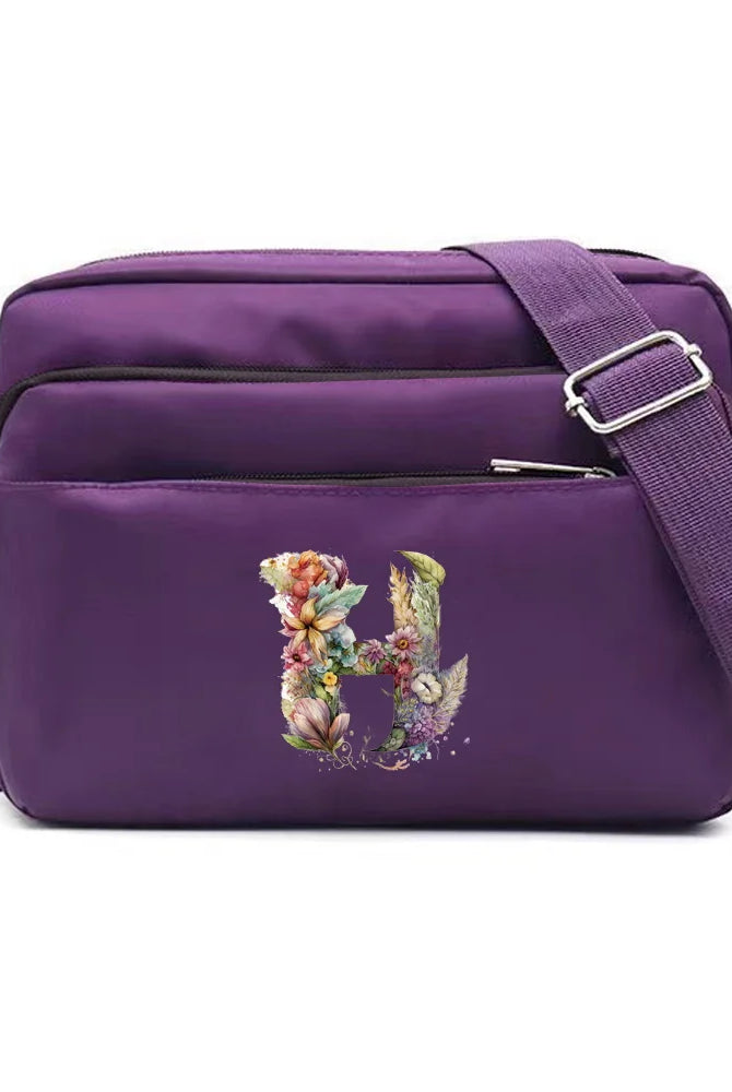 Leisure Purple One Shoulder Crossbody Bag with floral letter series printing, large capacity, adjustable strap, made of