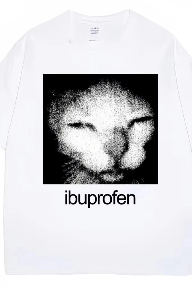 2025 Vintage Funny Ibuprofen Cat Meme Graphic T Shirt with black and white pixelated cat face design, oversized casual