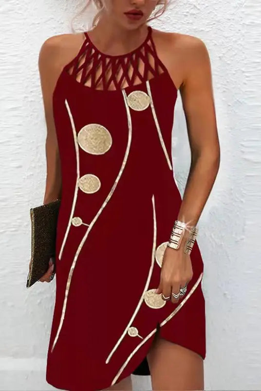 2024 Summer National Wind Positioning Printing Mesh Belt Sleeveless Casual Dress in red with geometric cutout neckline and gold circular patterns.
