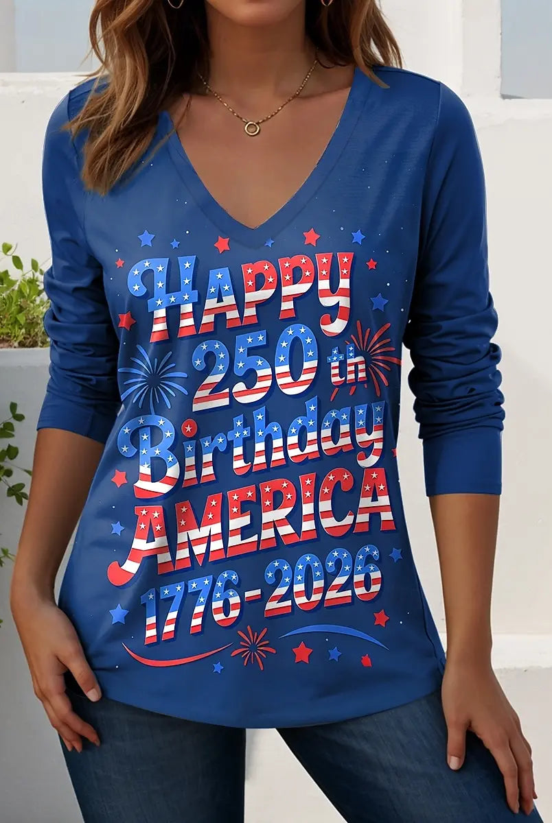 Vintage US Flag 250th anniversary pattern Women's T-shirt with red, white, and blue 3D print, long sleeves, summer casual