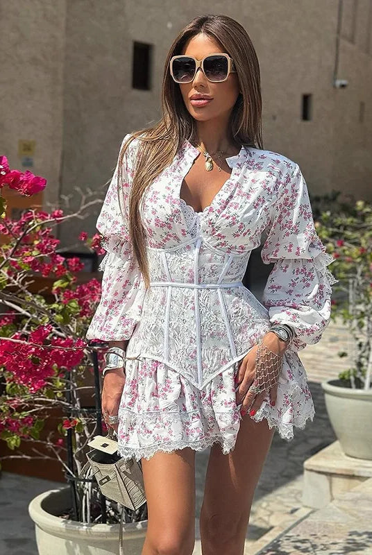 V-Neck Printed Lace Mini Dresses Female Ruffled Fashion High Waist Slim Bandage Summer Short Luxury Party Women's Mini Dress