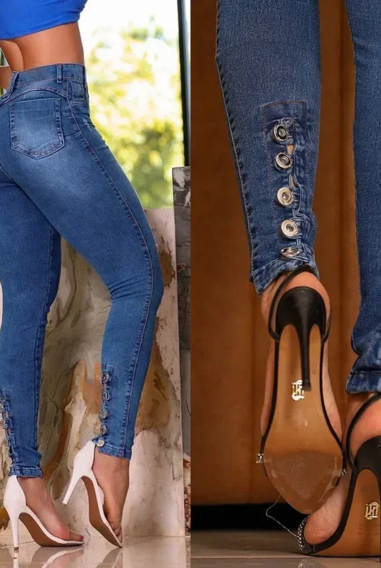 Spring 2025 Fashion Button Jeans Women casual skinny high-waist denim trousers with button details and butt-lifting fit