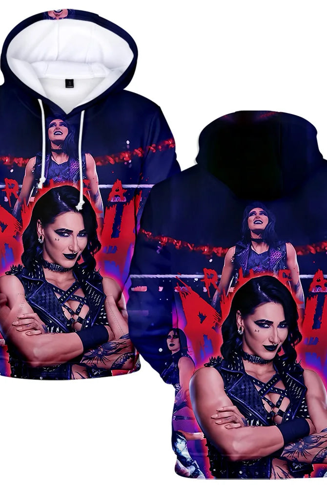 Rhea Ripley Hoodie Merch featuring a bold graphic of Rhea Ripley in streetwear style, suitable for women and men, made of soft fabric.