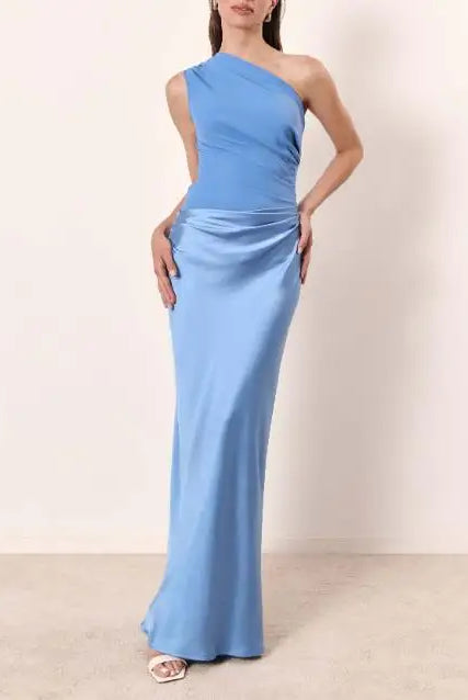 Women's Dresses 2025 Spring solid light blue sleeveless evening dress with slant neck, ruched waist, casual and elegant