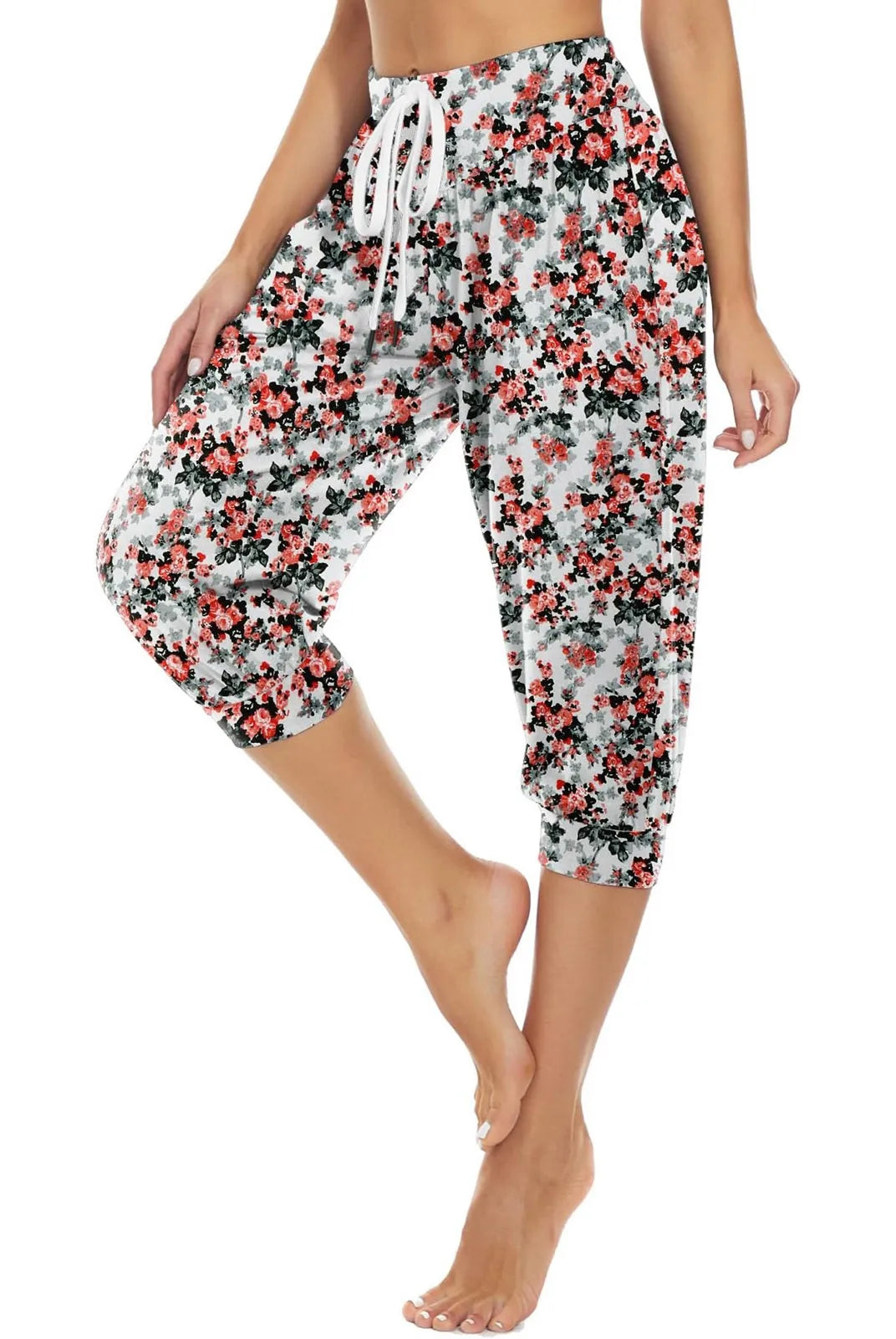 Women's summer loose Capri pants with retro floral print, breathable fabric, elastic waistband with drawstring, and pockets.