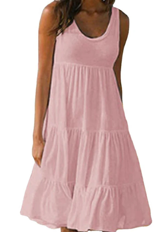 Women Casual Solid Mini Dress 2024 Summer sleeveless sundress with ruffles, loose fit, in light pink, suitable for beach