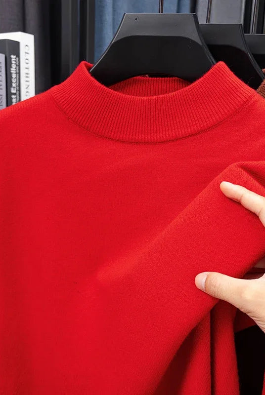Red Half Turtleneck Knitwear Sweater for men with mock neck, solid color, casual autumn/winter pullover made of warm knit