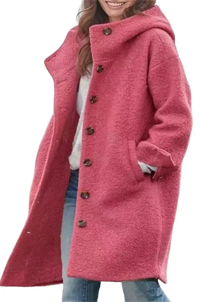 Women Windbreaker Jacket Stylish Hooded Overcoat with Pockets, long sleeves, windproof pink fleece for fall and winter wear.