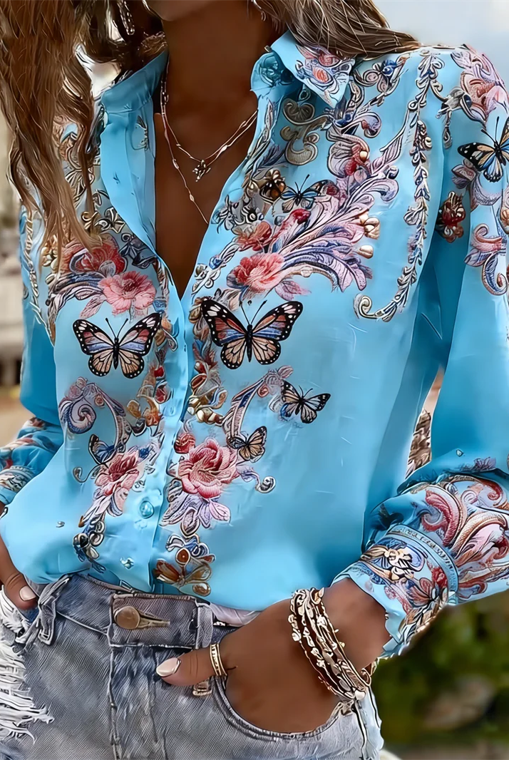 New 11 color long-sleeved women's shirt with 3D flower, butterfly print, and tree branch pattern on lapel, made of lightweight fabric.