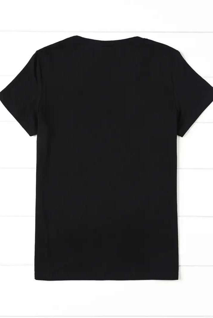 Streetwear 90s women's casual graphic T-shirt with Dramatic and wine print, short sleeves, black cotton fabric, designed for everyday wear.