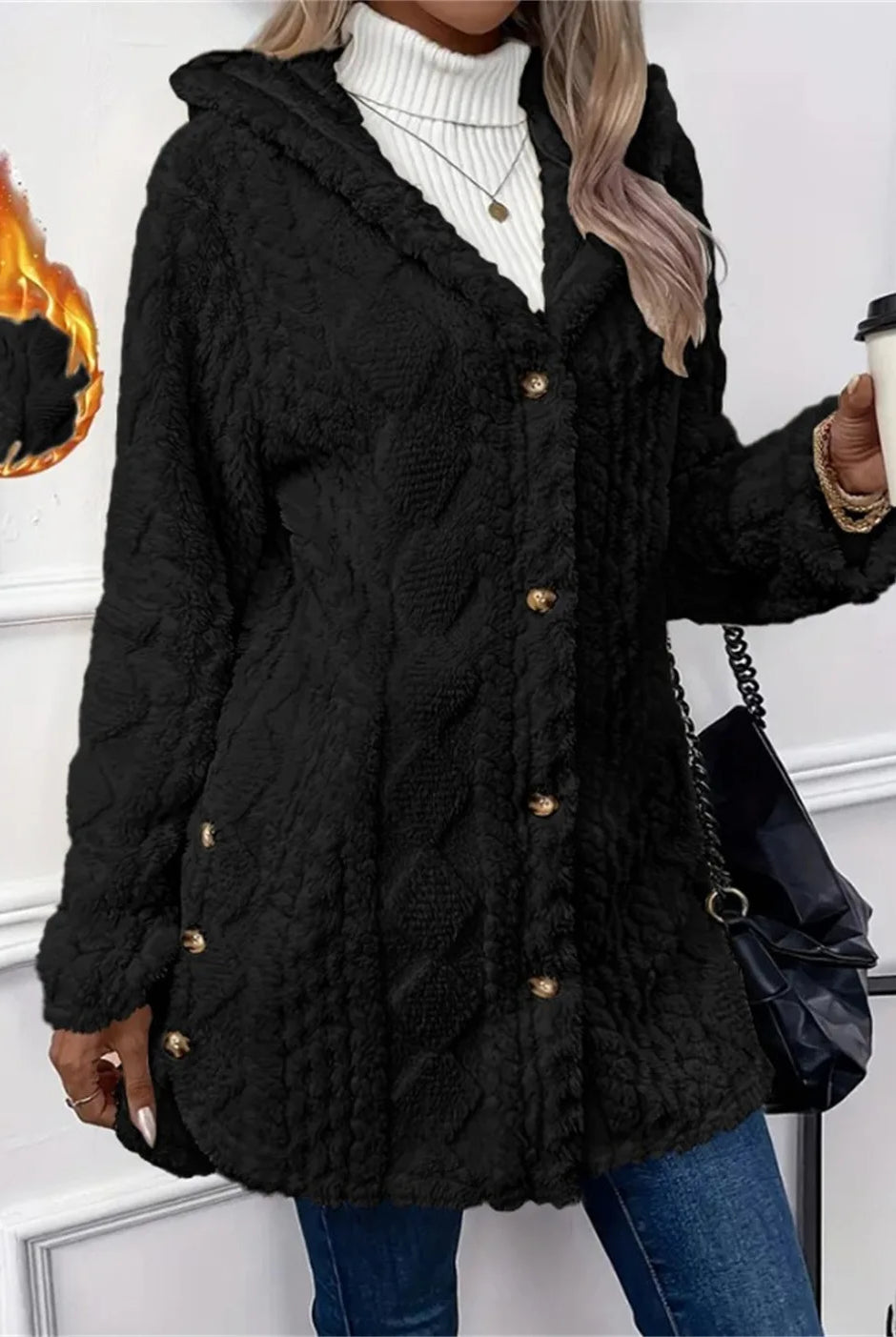 Women cardigan hoodie jacket with argyle textured pattern, oversized fit, black fleece material, hood, irregular hem