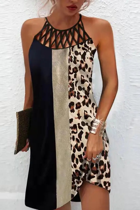 2024 Summer National Wind Positioning Printing Mesh Belt Sleeveless Casual Dress with leopard print, black panels, and mesh neckline worn by a woman.