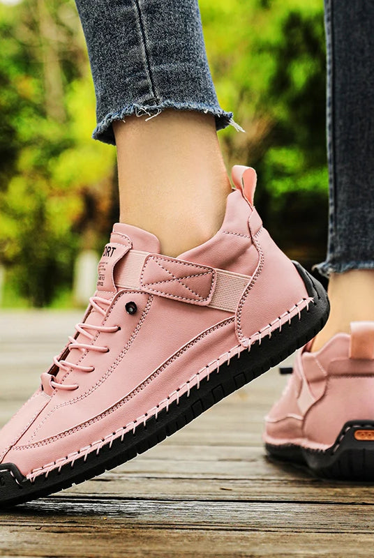 New Fashion Sneakers Handmade Leather Women's Shoes mid-top casual flats slip-on loafers in pink with black soles, outdoor