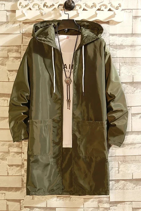 Summer Lightweight Men's Windbreaker outdoor beachwear sun protection long coat in casual style, olive green, thin material