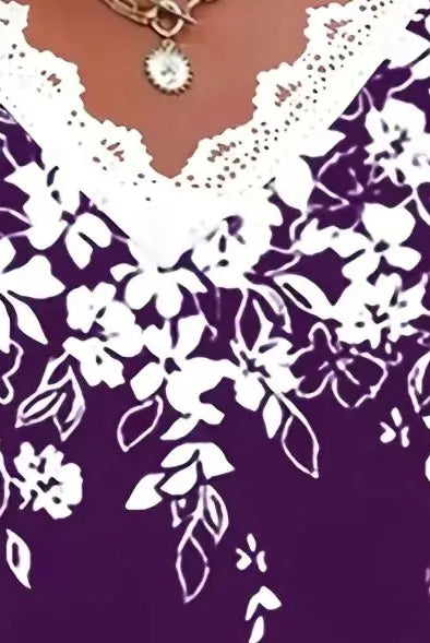 Large size women's fashionable temperament lace patchwork V-neck print off shoulder sleeves lace patchwork top with purple