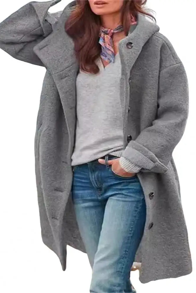 Women Windbreaker Jacket with hood, long sleeves, front pockets, gray windproof material, suitable for fall and winter daily