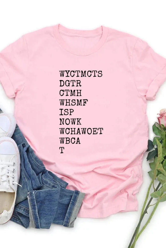 Will You Come To My Cottage This Summer Quote T-Shirt in pink with black text, unisex short sleeve vintage casual top, laid