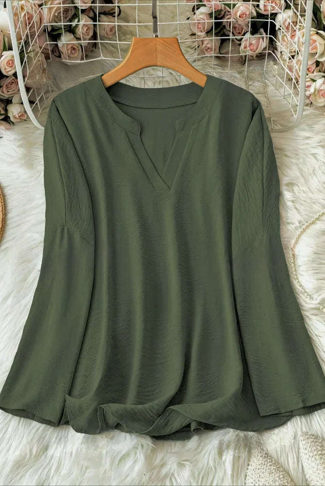 Plus Size 2025 New Casual Tops Women's Loose Long Sleeve Stand Collar T-shirts in olive green polyester fabric.