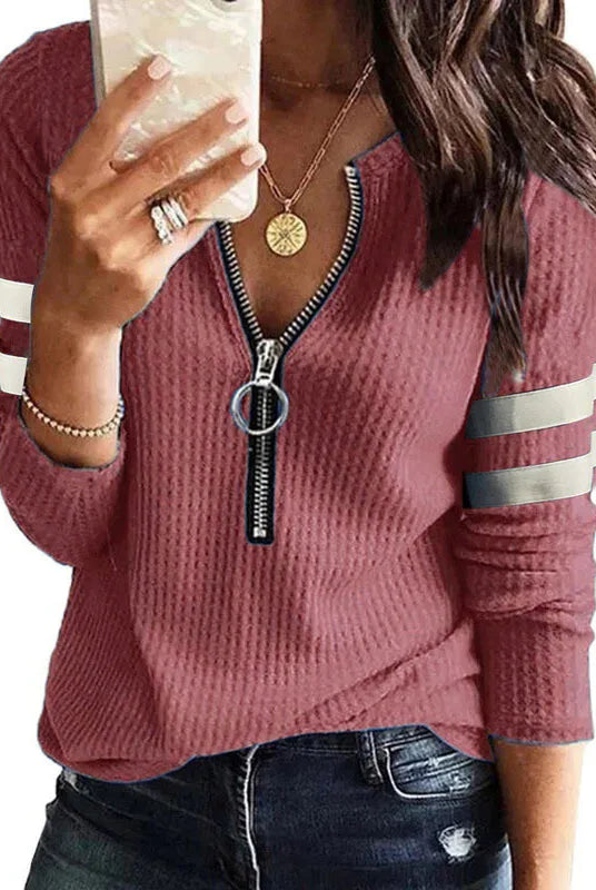 New Spring Fall Stripe Big Zipper Retro Sweater Long Sleeve Sweater for women in burgundy with white and gray stripe