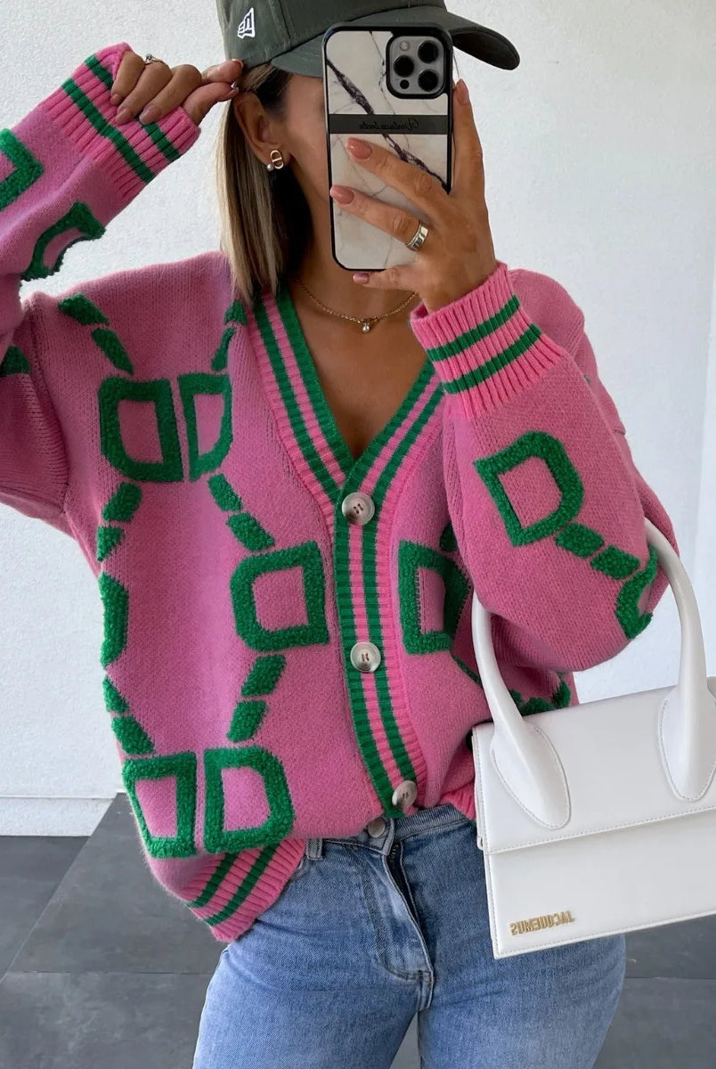 Autumn Winter Jacquard Knitted Coat Women Fashion V-neck long sleeve single breasted knitting cardigan coat in pink and