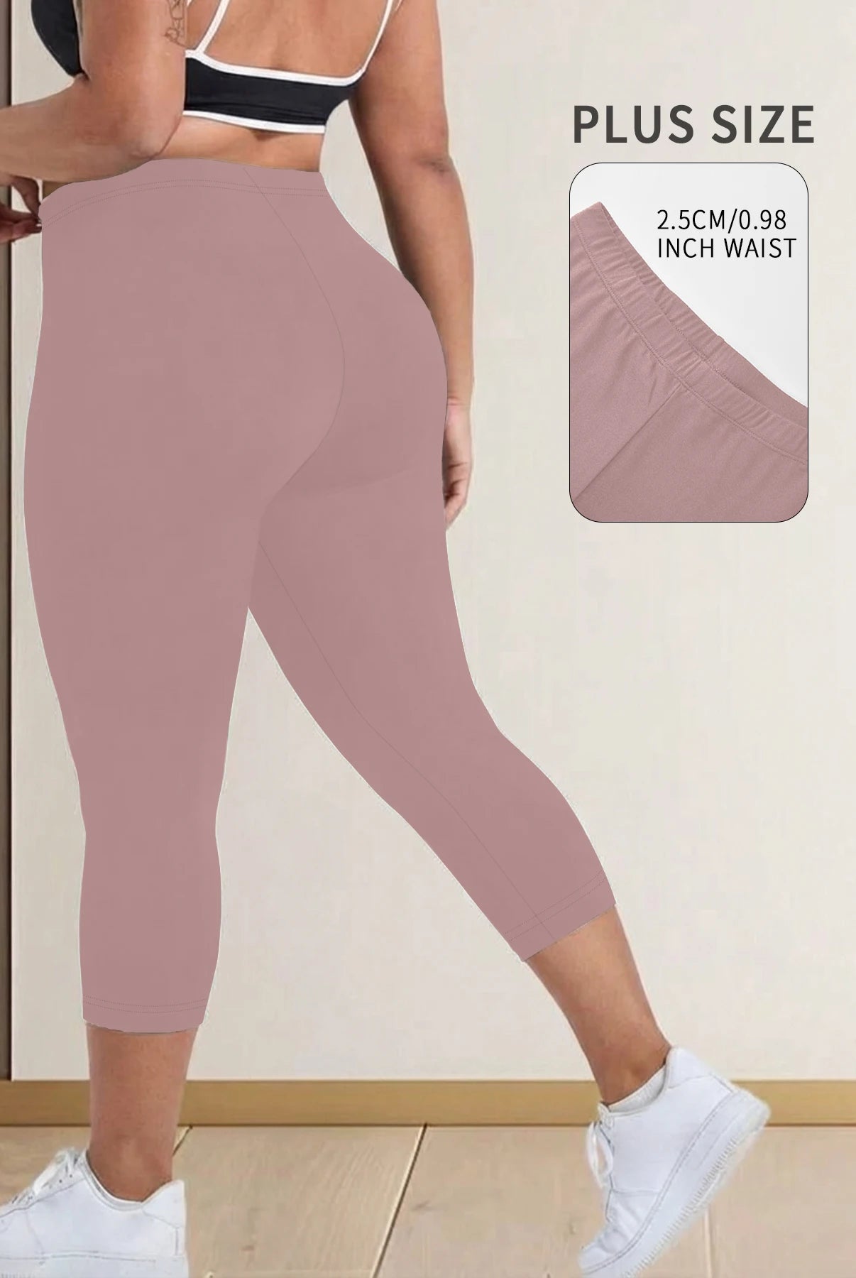 Plus Size Super Soft Capri Pants for Women in light pink, made of opaque stretchy material, suitable for workout, running, and yoga.