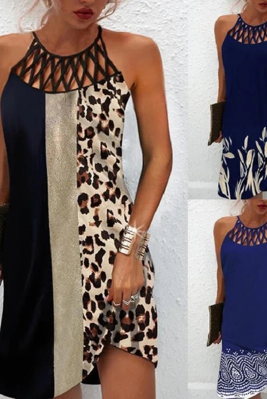 2024 Summer National Wind Positioning Printing Mesh Belt Sleeveless Casual Dress with color-block and animal print design.