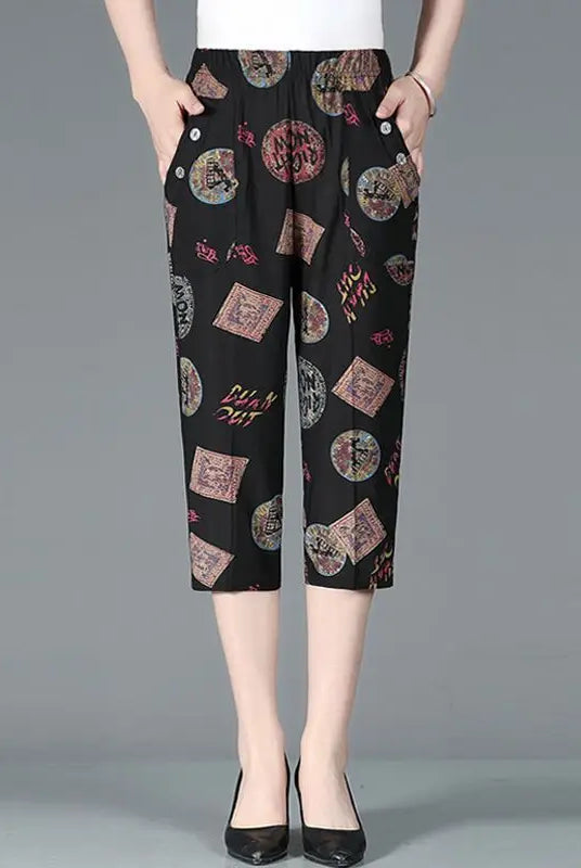Summer new high waist Capri pants with elastic waistband, loose straight fit, patchwork vintage printed design with pockets for women.