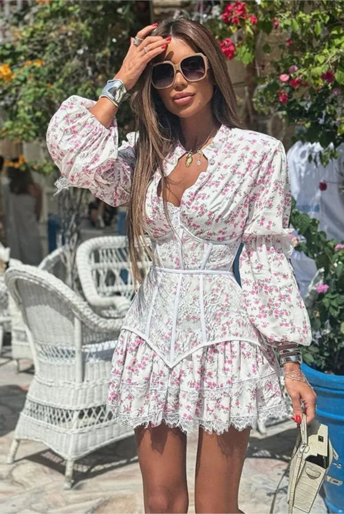 V-Neck Printed Lace Mini Dresses Female Ruffled Fashion High Waist Slim Bandage Summer Short Luxury Party Women's Mini Dress
