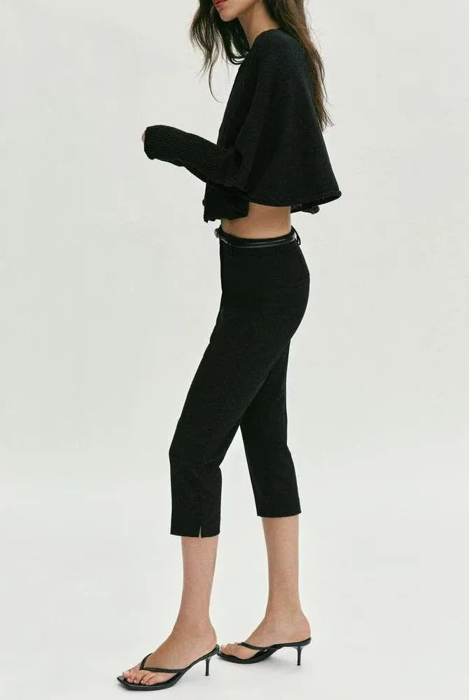 Spring New Arrival Women's Casual Pure Color Capri Pants with Belt, black versatile leisure trousers with simple design and